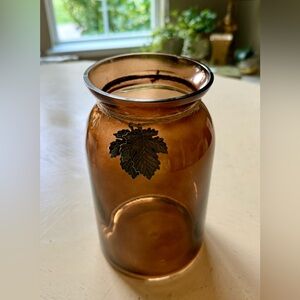 Elegant Brown Glass Vase with metal Leaf Accent